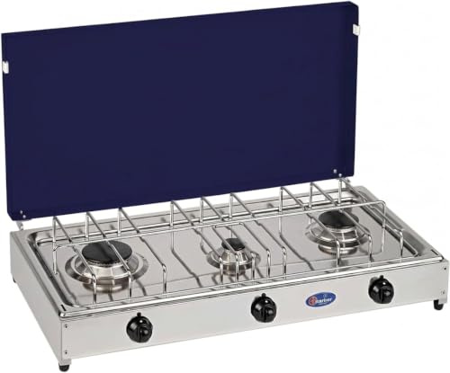 Hornillo de mesa Parker Gas metano 3 fuegos con tablero de acero inoxidable tapa azul marco gris 5523GBm