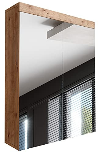 Newroom Spiegelschrank Bad 60 cm breit Wildeiche - 60x77x17 cm (BxHxT) - Badezimmer Spiegel Badezimmermöbel Badspiegel - [Trinity.Eight]