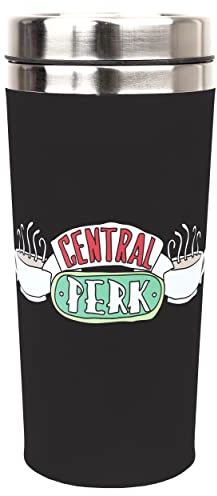 Friends – Taza de viaje de 450 ml – Negro – Acero inoxidable de doble pared – Control de temperatura hasta 5 horas – Con logotipo central Perk y tapa de rosca