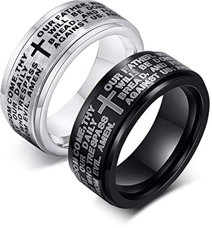 JewelryWe Schmuck 2pcs Fidget Angst Ringe Herren Edelstahl Bibel Gebet Kreuz Anti-Angst Spinner Ring Drehringe Roller Bandringe Stressabbauende Band Gravur Schwarz Silber Größe 57