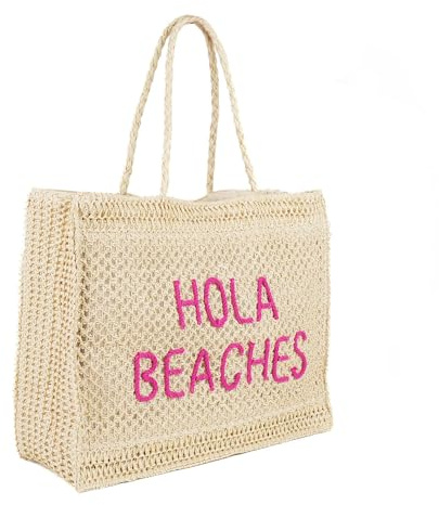 Hello Beaches A Packable Beach Bag | The Straw Beach Tote Bag of 2025 | Beach Bags for Women Vacation | Large Beach Bag, Hola Natural With Pink Embroidery, Carry-on