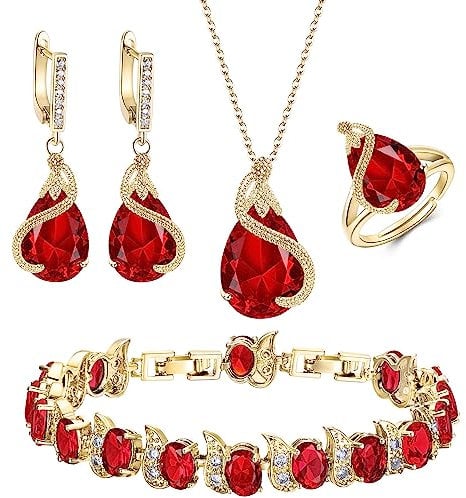 Ever Faith Women's Jewelry Set Red Jewellery Sparkly Cubic Zirconia Birthstone Teardrop Necklace Earring Bracelet Ring Sets for Women Birthday Gifts 4 PCS Gold-Tone