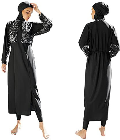 Burkini Damen Muslim Frauen Muslimische Badeanzug Full Cover Islamisch Arabisch Jilbab Schwimmanzug Langarm Schwimmoberteile Built in Bra+Schwimmhose+Hijab 3tlg Ganzkörper Modest Bademode 3#Schwarz XL