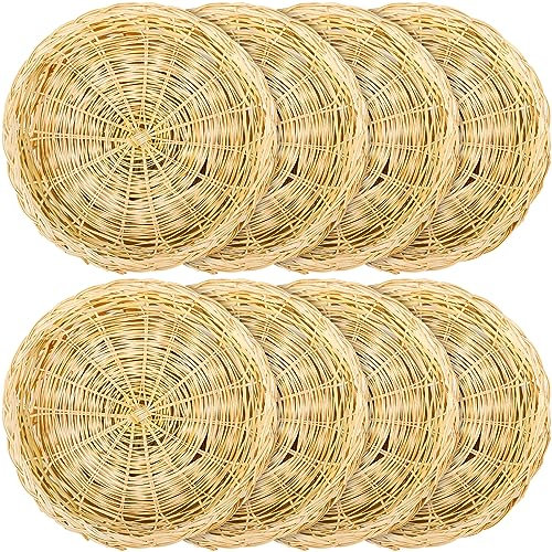 Fasmov 8 Pack Bamboo Paper Plate Holder, 10 inches Wicker Paper Plate Holder Bamboo Basket Plate, Hand Weave Brown Wicker Paper Plate Baskets for Home Picnic Daily Dinning Party Supplies