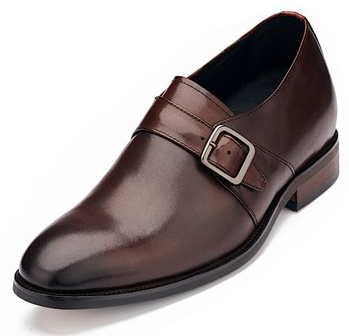 CALTO Men's Invisible Height Increasing Elevator Shoes - Cordovan Dark Brown Leather Slip-on Monk-Strap Dress Loafers - 2.8 Inches Taller - Y7256 - Size 7.5 UK