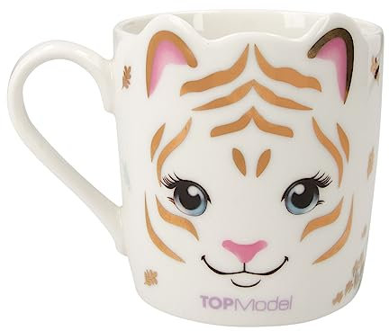 Depesche 12606 TOPModel Fantasy Tiger Bianca con Motivo di Modella, Orecchie di Gatto e Stampa Dorata, Tazza con Manico in Porcellana, capacità di riempimento: Circa 300 ml, Colore