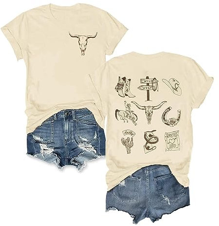 Boho-T-Shirt mit Kuh-Schädel für Damen, Cowgirl-T-Shirt, Vintage, Western-Rodeo-Grafik-T-Shirt, kurzärmelig, Stierschädel, Aprikosen-Rücken, Groß