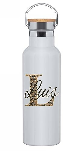 C&P Botella personalizada con nombre + inicial, Botella original tapón a rosca en acero inox, con detalle de bambú y asa integrada térmica de doble Capa bebidas frías 24h y Calientes 12h, 500 ml (7)