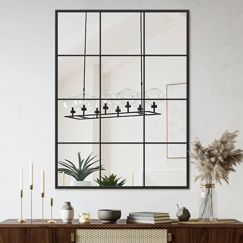 Suidia Espejo de pared, espejos decorativos de ventana de 24 x 36 pulgadas, marco de metal, espejos de pared para dormitorio, sala de estar, entrada, color negro