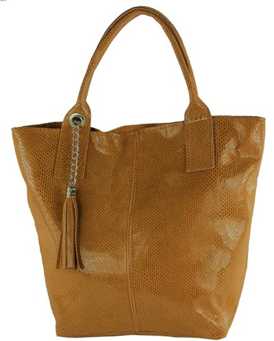 modamoda de - T248 - Ital. Shopper Large mit Innentasche aus Leder, Farbe:Cognac