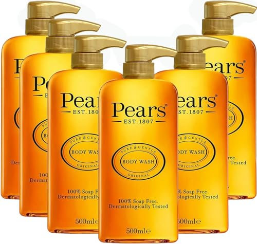 Pears Pure & Gentle Body Wash - Soothing Natural Extracts Shower Gel, 10x More Moisturiser*, Soap-Free Hand & Body Cleanser, Shower Gift for Women & Men, Natural Oils Scent, Pack of 6 x 500ml
