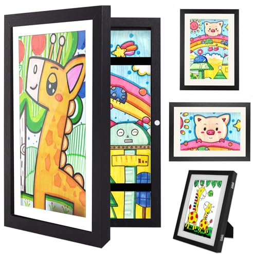 Hipsignal Kinder Bilderrahmen, 1 Stück A4 Befüllba Bilderrahmen für Kinder mit Frontöffnung und Halterung zum Aufhängen oder Aufstellen von Kinderzeichnungen, Kunstprojekten (Schwarz)