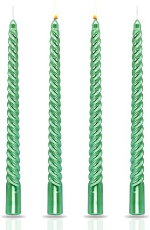 TOPWAYS Dinner Candles, Green Taper Candles Pillar Spiral Twisted Candles Non Drip Long 7 Hour Burn Time Non Scented Decorative Candles for Valentine's Day Christmas Birthday Party (4 Pack) (Green)