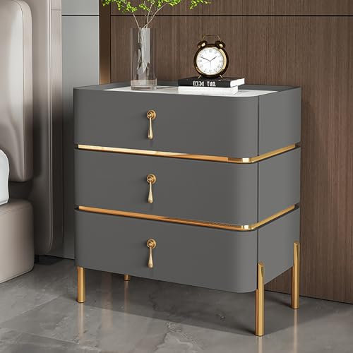 ZDMZR Table de Chevet avec 3 Tiroirs, Table de Chevet Moderne, Table de Chevet, Plaques de Roche, Table en Bois Massif, Pieds en Métal (Color : Dark Gray, Size : 50cm/19.7in)