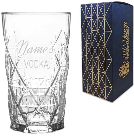 Personalised Engraved Novelty Vodka Keops Hiball Tumbler Glass with 'Name's Vodka' Design, Customise with Any Name for Any Occasion, Gift Box Included, Laser Engraved