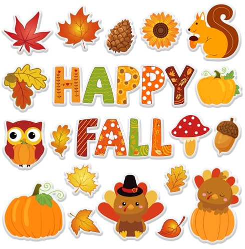 JarThenaAMCS 20 x dicke Gel-Aufkleber Happy Fall, Ernte-Kürbisse, Tannenzapfen, Ahornblätter, Fenster-Gel-Aufkleber für Herbst, Erntedankfest, Schule, Klassenzimmer, Kinderzimmer, Dekoration