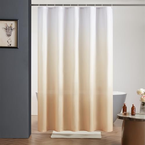 Furlinic Duschvorhang Badvorhang Textil aus Polyester Stoff Schimmelresistent Wasserdicht Waschbar für Dusche Badewanne 150x200 Weiß nach Cremebraun mit 10 Duschvorhangringen.