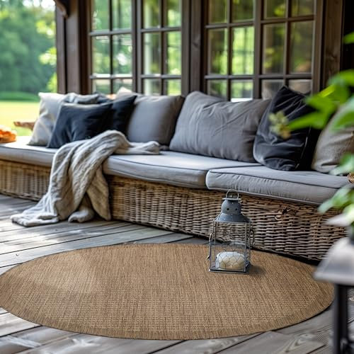 SIMPEX Outdoor Teppich Rund,Terrasse Balkon Garten Küchenteppich Einfarbiges Design Wetterfest Flachgewebe Sisal Look Waschbarer Teppich, Größe: 120 cm Rund, Farbe: Braun