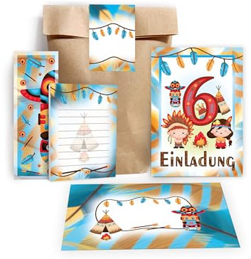 10 Einladungskarten zum 6. Kindergeburtstag Einladung Geburtstag Mädchen Kinder Jungs Jungen Boys Mitgebsel inkl. 10 Umschläge, 10 Tüten, 10 Aufkleber, 10 Lesezeichen, 10 Blöcke Indianer Indianerdorf