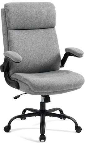 CASTLOVE Ergonomic Office Chair for Home - Computer Desk Chair with Back Support - Flip Up Armrest - High Back - Height Adjustable - Rocking Function (Fabric Grey Max 150 kg)