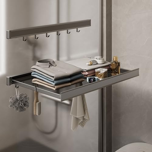 BlyeMichdi Wäscheständer Wand Ausziehbar, Wandtrockner, Aluminium, 6 Haken und Netz, Schuhe, Socken, 44*37.4*4.7cm (Grau)