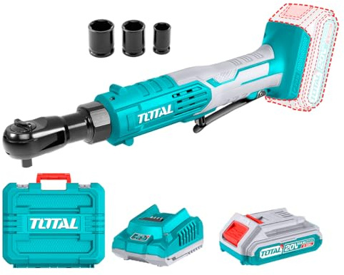 Total - Chiave a cricchetto a batteria da 20 V - Coppia massima 65 Nm - Attacco da 3/8 con 3 bussole a impatto (13, 17, 19 mm) e batteria da 2 Ah