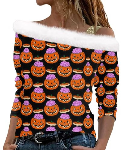 Topassion Off Shoulder Halloween Pullover Damen 3D Druck Plüsch Schulterfrei Langarm Pulli Mit Glitzer Schulterriemen Xmas Pullover Halloweenpulli Mädchen Sweatshirt Herbst Langarmshirts(Gold,S)