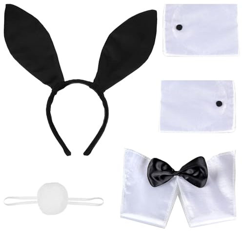 AWAVM Accessoires de Costume de Lapin, Accessoires d'Habillage de Lapin Fantaisie, Lapin Oreille Bandeau Arc Poignet Queue Partie