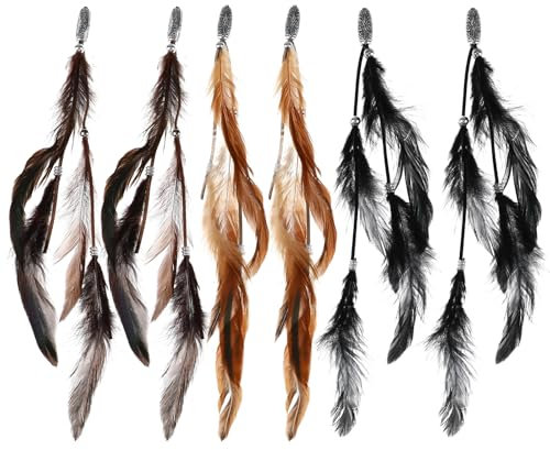 6pcs Hippie Federn Haarschmuck Clip, Indianer Haarschmuck Damen Federn Haarextensions, Boho Kopfschmuck für Faschingskostüm Karneval Verkleiden Cosplay Haardeko Zubehör Feder Haarspangen
