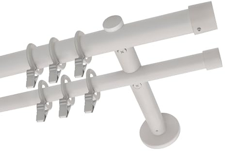 Voppi Gardinenstange Loft weiß 180cm Stahl doppelt 19mm mit Froschrollen Set mit Fensterabschlüssen