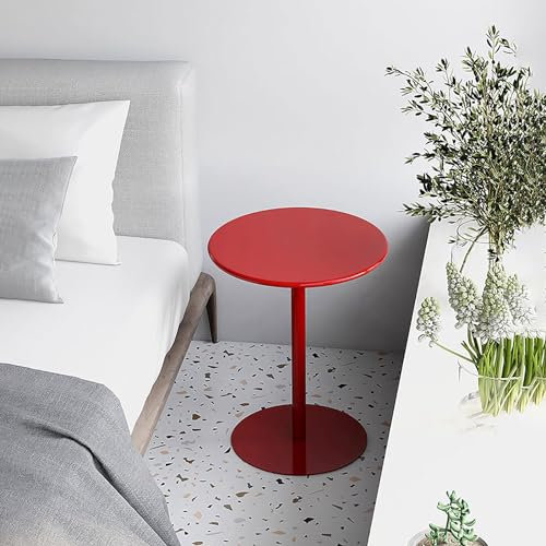 Couchtisch im Vintage-Stil, rund, kleiner Getränketisch für kleine Räume, mit Marmorsockel, Rot, 40,5 cm