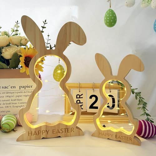 DONGZQAN 2 Stück Osterhase Led Deko, Osterdeko Holz, Led Osterbeleuchtung, Frühlingsdeko Holz, Warmweiße Lichterkette Mit 3 Blitzmodi, Batteriebetriebene Osterlichtdekoration