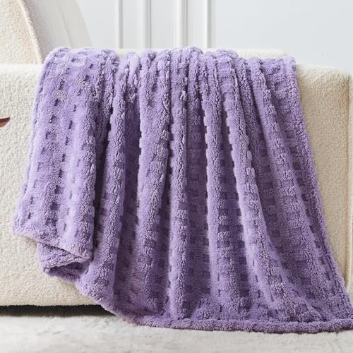 Wajade Fleece Throw Blanket, Fluffy Faux Fur Blanket for Bed Sofa Couch, Soft Warm Thick Blanket,waffle Lavender Purple-178X203