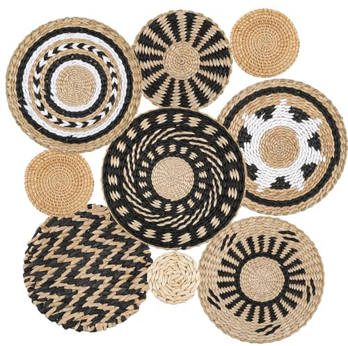 DETENE Lot De 9 Paniers Muraux Décoratifs Style Bohème Décoration Murale Rotin Panier Plat Bohème Décoratif pour Mural Art Déco Salon Ferme Nursery (Noir)