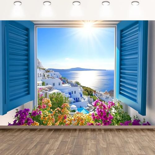 Ma Mia! Inspiration Party-Hintergrund – griechische Blaue Jalousien mit Ägäis und blühenden Blumen350x230cm