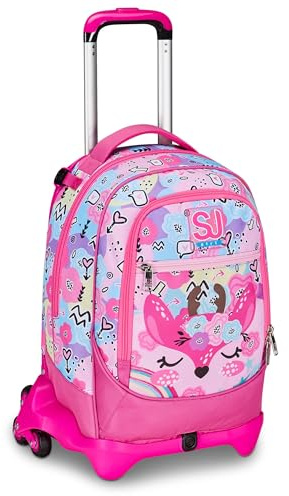 Trolley mit abnehmbarem Rucksack, 3 Rädern, Sj Gang Pinkhugs, 2 Fächer, gepolsterte Schultergurte, für Mädchen, Grundschule + Schlüsselanhänger mit Pailletten und 7 mehrfarbigen Stiften, mehrfarbig