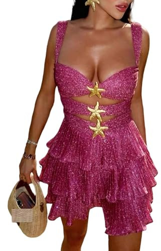 FeMereina Minivestido de lentejuelas con estrellas de mar para mujer, con tirantes delgados, recortado, con volantes, brillante, Y2K, corto, vestido de fiesta, fucsia, L