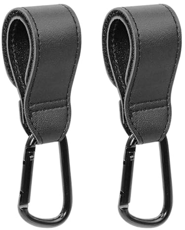 2 Stück Kinderwagen Haken für Taschen Wickeltaschen, Schwarz Leder Universelles Kinderwagenhaken, Robuste Universalkarabiner für Stroller, Anhänger, Rollator, Fahrradanhänger