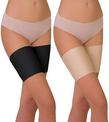2 Paare Elastische Oberschenkelbänder,Anti-Scheuern dehnbar verhindern Oberschenkel Reiben Satin gefüttert Protektor, Anti-Scheuer-Oberschenkelbänder für Damen（58-65,Schwarz, Hautfarbe）