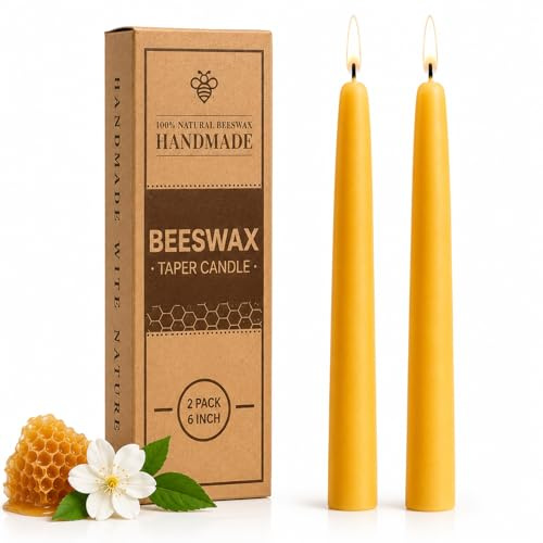 Beeswax Taper Candles,2 Pack,6 Hour Unscented Dinner Candlesticks | 6-inch Short Tapers,Natural Yellow Beeswax and Cotton Wicks,Smokeless,Non-toxic Candle for Ddinner, Meditation and Rituals
