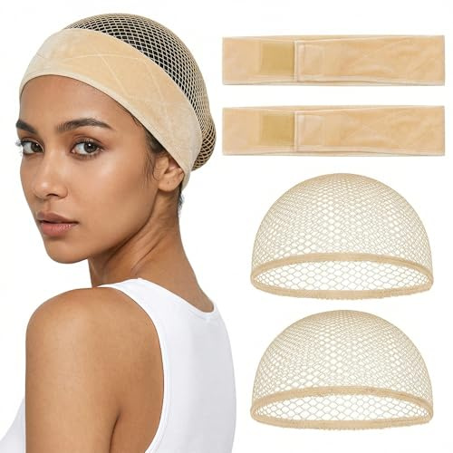 4-teiliges Perückenkappe-Set mit samtigem Anti-Rutsch-Band – atmungsaktiv elastisch verstellbar – Nude – für Alltag Cosplay – Damen Zubehör
