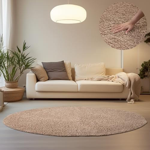 HomebyHome Shaggy Hochflor Teppich, 200 cm Rund, Beige, weich, flauschig, modern, einfarbig, Perfekt als zentrales Wohnaccessoire, für Wohnzimmer Schlafzimmer Flur
