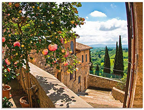 ARTland Wanddeko Glasbilder Wandbild Glas Bild einteilig 60x45 cm Querformat Toskana Italien Natur Landschaft Garten Rosen Balkon Ausblick Sommer T4QS