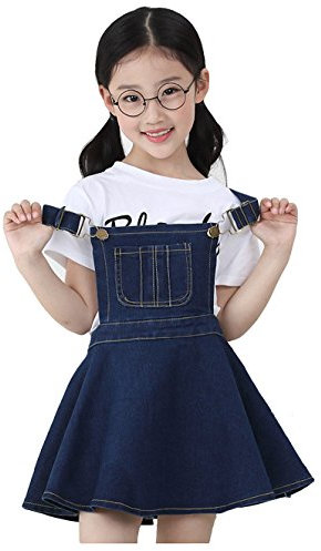KIDSCOOL SPACE Bambine Jean Abito Tutu Generale,Salopette di Jeans Regolabile,Blu,4-5 Anni
