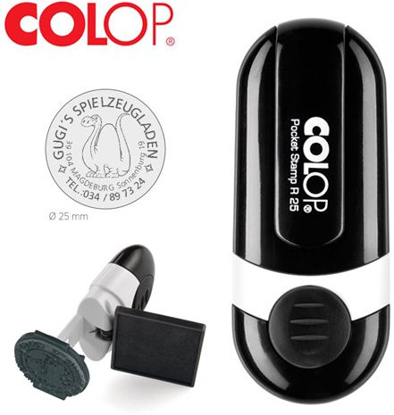 COLOP Pocket Stamp R 25 rund Taschenstempel | Stempel mit Wunschtext | Taschenstempel als Namensstempel Adressstempel & Co | Ø 25 mm - 4 Zeilen Gehäusefarbe schwarz