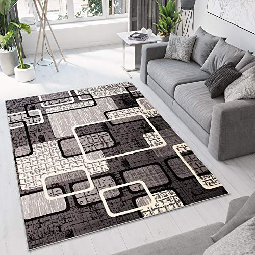 TAPISO Dream Teppich Modern Wohnzimmer Kurzflor Creme Grau Schwarz Meliert Vierecke Figuren Design Schlafzimmer Küche Esszimmer ÖKOTEX 160 x 220 cm