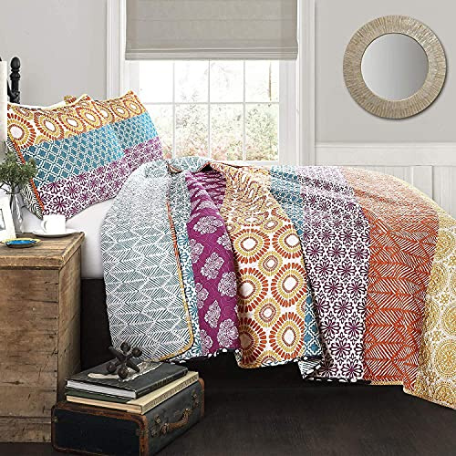 Lush Decor Bohemian Stripe Reversible Cotton Quilt Set, 3 Piece Set, Full/ Queen, Fuchsia & Orange -Striped Bedding Set - Purple Quilts Queen Size - Boho Decor