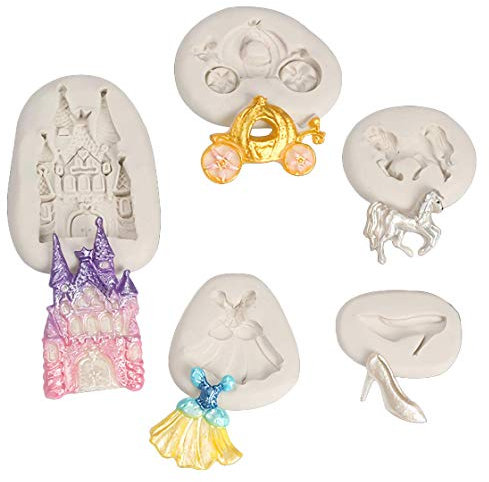 5Pcs/Set Cinderella Fondant Mold Fairy Tales Castle Pumpkin Carriage Princess Dress Crystal Shoes Silicone Chocolate Candy Mold Gum Paste Sugar Craft Cake Cupcake Decorating Tool Resin Clay Mould