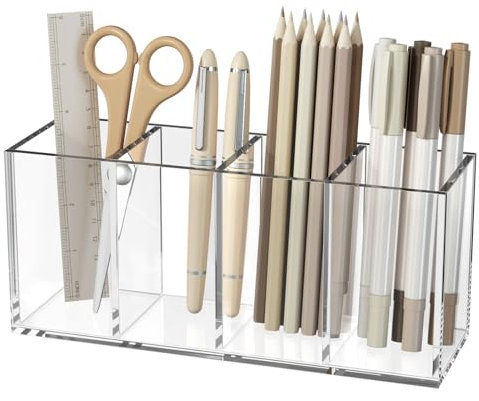 NIUBEE Acrylic Pen Holder 4 Compartments, Clear Pencil Organizer Cup for Countertop Desk Accessory Storage