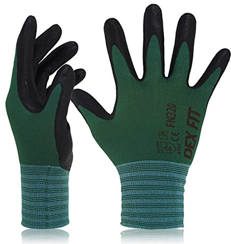 DEX FIT Premium Nylon Nitril Arbeitshandschuhe FN320; 3D-Komfort, Dehnbare Passform, Griff, Dünne, Leichte Arbeitshandschuhe, Langlebig, Atmungsaktiv, Kühl, Waschbar;Waldgrün L (9) 3 Paare